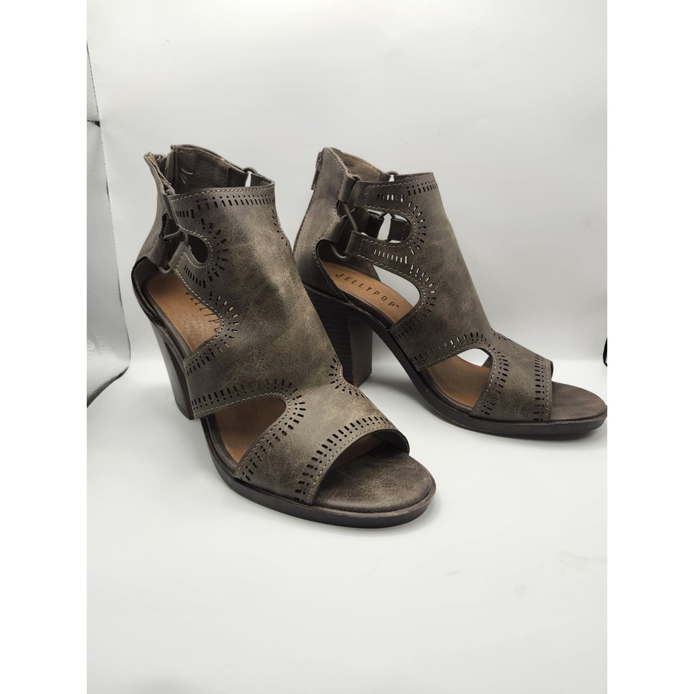 Jellypop Light Brown Gray Peep-Toe Block Heel Booties Women's 7 M